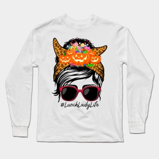 Lunch Lady Messy Bun Spooky Pumpkin Orange Halloween Costume Long Sleeve T-Shirt